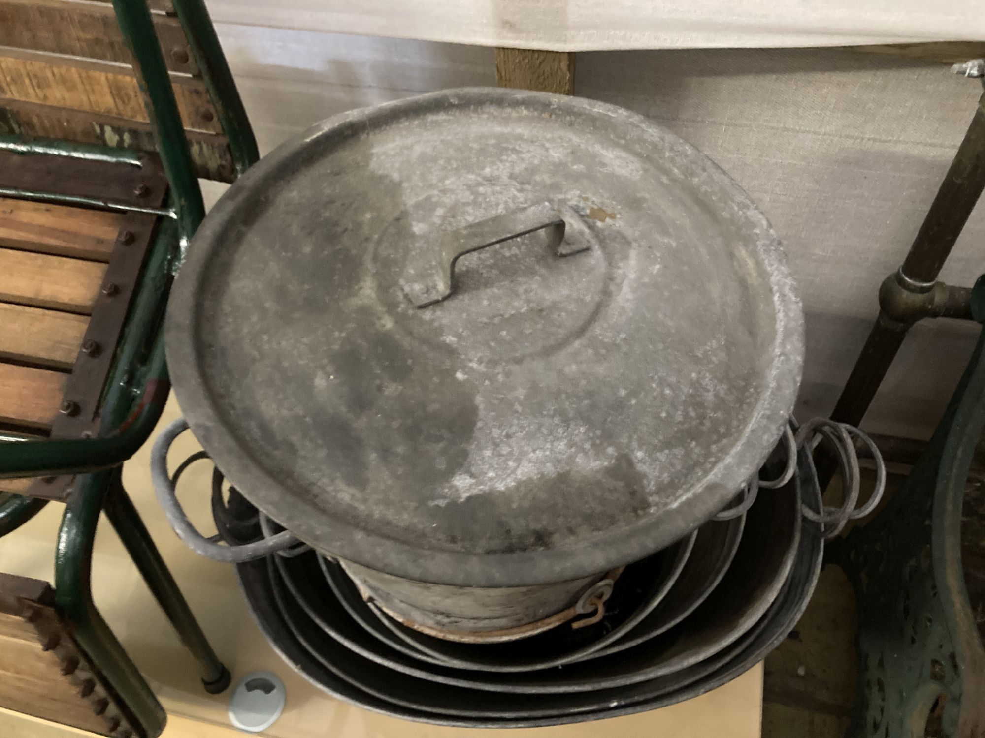 Seven galvanised metal oval tubs and containers, largest 70 x 46cm